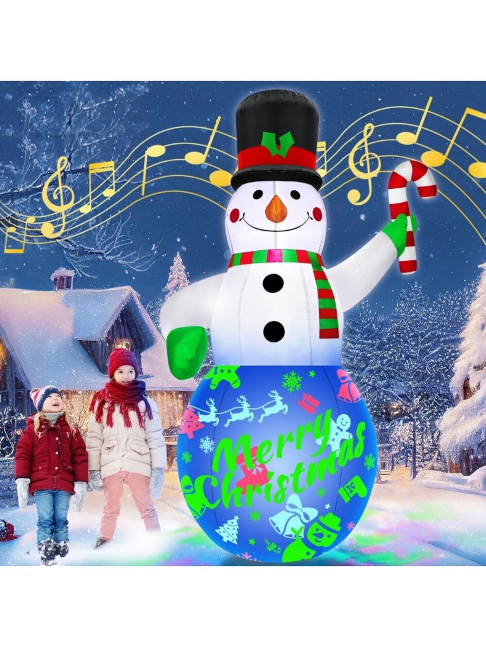 7Ft Christmas Inflatables Snowman Built-in Music Box & Rotating Colorful LED
